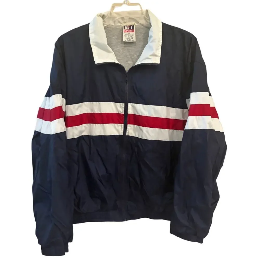 R&Y XXL Navy Red White Windbreaker Jacket Retro 90s Colorblock Nylon ZIp‎